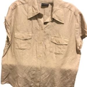 New York & Company Biege Co Linen with Cap Sleeve Button Front Beige Button-down